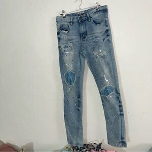 Rock Salt Mens Skinny Jeans Paint Spatter Ice Wash Distressed Y2K Patched Holey